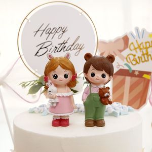 儿童节男孩女孩生日蛋糕装饰 兔兔公主 熊熊王子抱玩偶公仔摆件