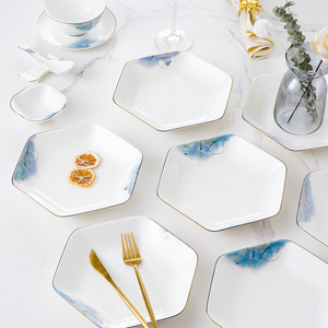 创意轻奢六边形拼盘组合家用8英寸骨瓷菜盘深盘聚会火锅拼盘餐具