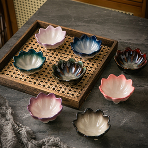 复古风日式陶瓷荷花碗 九宫格分装小吃碗 蘸料碗 禅意荷花形碗