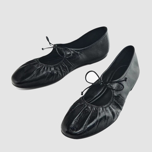 Massimo Dutti女鞋 新款休闲黑色浅口圆头绑帶真皮芭蕾舞平底鞋女