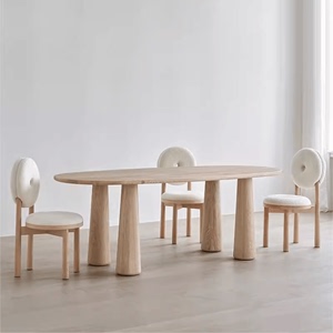 北欧奶油风原木餐桌现代家用实木饭桌简约椭圆形白蜡木书桌办公桌