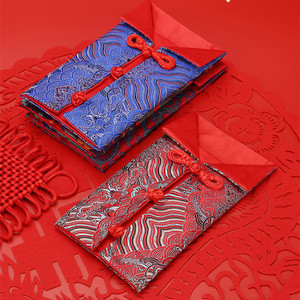 中国风衣服零钱包 织锦缎海水纹礼金红包 红色手机布袋加厚利是封