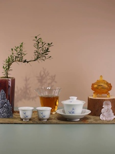 秋雨茶具釉下手绘青花竹子小盖碗家用单个白瓷泡茶碗茶杯三人小品