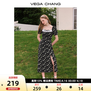 VEGA CHANG黑色碎花连衣裙夏2024新款女装法式小众小雏菊茶歇裙子