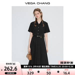VEGA CHANG黑色连衣裙女2024年夏季新款设计感显瘦气质百褶衬衫裙