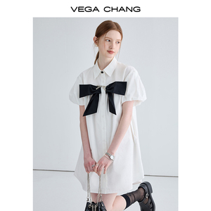 VEGA CHANG白色衬衫裙女2023年夏装新款立体蝴蝶结