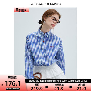 VEGA CHANG蓝色格子衬衫女2024年秋季新款文艺复古学院风长袖上衣