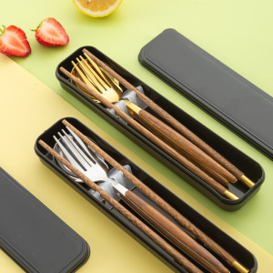 筷子勺子叉子三件套个人专用学生餐具收纳盒旅行筷上班族便携筷木