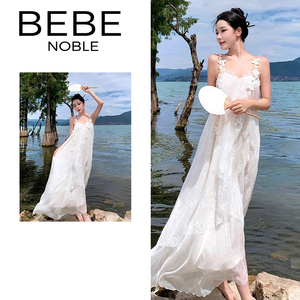 BEBE NOBLE立体蝴蝶吊带长裙网纱刺绣露背度假沙滩裙子白色连衣裙