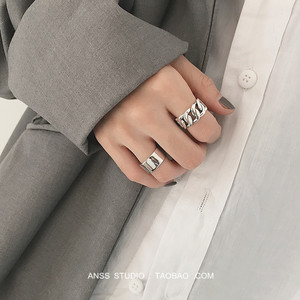 【ANSS】极简 925纯银做旧复古粗链条开口戒指女 亮面宽食指环潮
