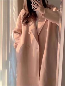 韩国新款茧型双面羊绒大衣女中长款小个子韩系温柔粉色羊毛呢外套