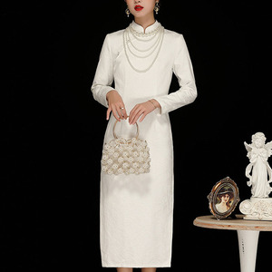 SHILUOLI纯棉时髦女装修身连衣裙上身时尚显瘦修身旗袍白色礼服