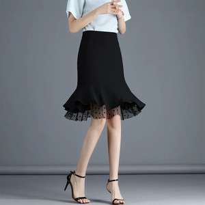 短裙黑色半身裙女夏季新款高腰荷叶边鱼尾裙拼接蕾丝裙包臀裙大码