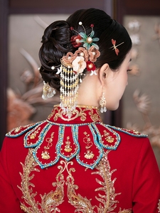 中式复古新娘绒花流苏头饰套装古装龙凤褂汉服发饰结婚秀禾饰品
