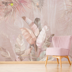 北欧ins民宿卧室客厅电视背景墙纸东南亚风格粉色植物芭蕉叶壁纸