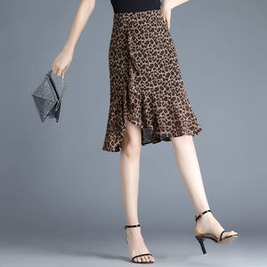 豹纹雪纺半身裙夏季2024新款中长不规则高腰显瘦包臀一步裙鱼尾裙