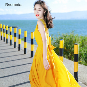 Rsemnia夏季新款女装海边度假沙滩裙黄色复古连衣裙波西米亚长裙