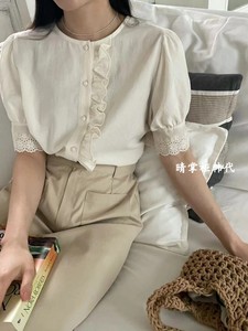 韩国直邮-JNE晴掌柜韩代正品24夏季洋气小众蕾丝花边减龄短袖衬衫