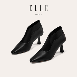 ELLE高跟短靴女2024新款春款女鞋靴子羊皮单靴小个子气质黑色踝靴