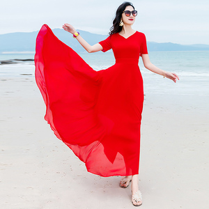 2023夏季连衣裙女雪纺波西米亚大摆大红色仙女裙海边度假沙滩长裙