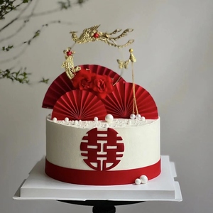 喜庆中式蛋糕装饰摆件铁艺蝴蝶凤凰订婚结婚婚礼双喜字蛋糕插件