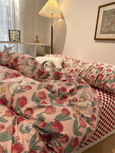 多喜爱ins红色郁金香小兔床上四件套全棉纯棉1.5米被套床单三件套