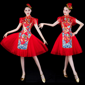 现代舞打鼓演出服女中国风喜庆腰鼓水鼓舞蹈服装快板舞开场舞短裙