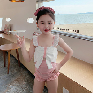 新款儿童泳衣时尚连体洋气女孩中小童韩版可爱蝴蝶结温泉度假泳装