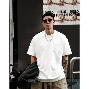 Cityboy纯白色日系t恤男夏天口袋工装短袖320g重磅全棉小领口体恤