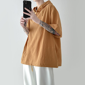 日系复古脏橘色连帽7分袖t恤男款夏季短袖卫衣高级感痞帅工装上衣