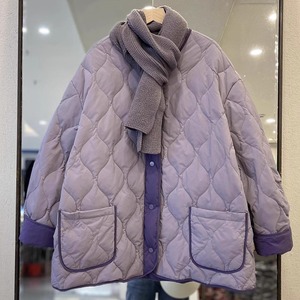 大码轻薄菱格羽绒棉服女2023冬季新款韩版宽松设计感拼接夹棉外套