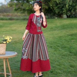 民族风红色棉麻唐装上衣女大码春夏茶艺服中式日常改良旗袍两件套