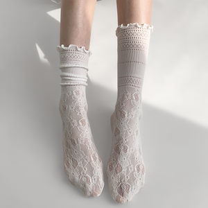 夜间教习室蕾丝袜中筒花边镂空透气白色jk袜子女春秋薄款堆堆短袜