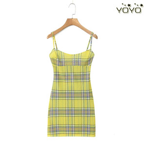 YOYO 欧美风外贸女装新款2023双层黄格子网布印花吊带裙连衣裙