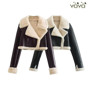 YOYO 欧美风外贸女装新款短款加绒厚款保暖翻领长袖夹克外套