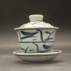 清光绪青花刀字纹盖碗（容量100毫升）古玩瓷器仿古瓷器摆件收藏