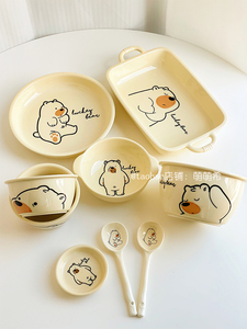 卡通韩式陶瓷餐具套装ins奶黄儿童碗盘泡面碗鱼盘甜品家用双耳碗