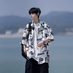 日系cityboy冰丝短袖衬衫男夏季高级感男装拼接半袖外套潮牌衬衣