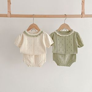 韩版婴儿衣服夏装女宝宝女童针织毛线花边领上衣短裤公主套装薄款