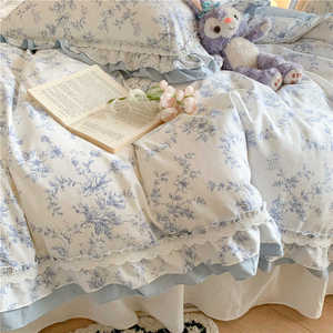 床裙款/40支斜纹纯棉蓝色小碎花床上用品青花瓷蕾丝2.0m三四件套