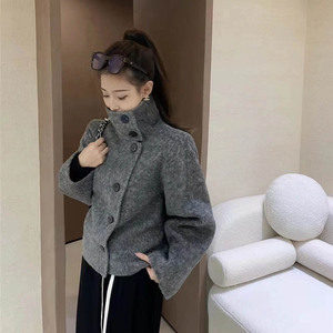 韩版新款双面羊绒大衣女短款立领小个子高级感小香风羊毛呢薄外套