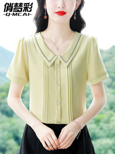 绿色短袖雪纺衬衫女2024新款夏季减龄洋气娃娃领上衣法式衬衣女款