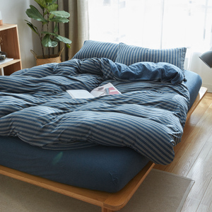 天竺棉针织棉四件套天蓝色条纹床单纯棉被套纯色日式裸睡全棉床笠