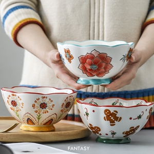 手绘釉下彩欧美陶瓷大号大碗沙拉碗家用出口外贸陶瓷碗健康碗