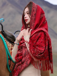 红色民族风披肩外搭沙漠埃及旅游女装穿搭羊绒保暖披风毯围巾斗篷
