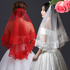 新娘结婚主婚纱头纱领证拍照道具长款拖尾蕾丝头饰复古中式红盖头