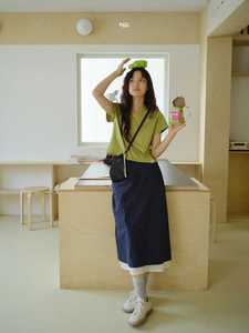 egg绿色基础贴标T恤+藏青撞色多层半裙套装日韩系色彩穿搭ins夏季