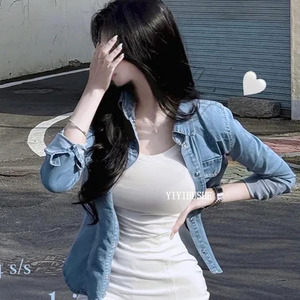 韩国代购正品 MY069气质女人味~性感休闲显瘦水洗蓝牛仔衬衫外套