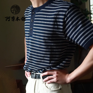 阿曹本铺日式复古短袖阿美咔叽打底衫男士240g重磅亨利领条纹T恤