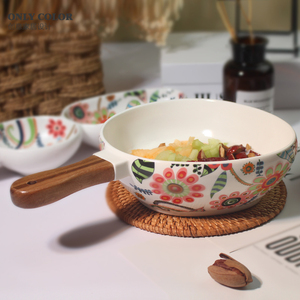 创意陶瓷木把碗北欧彩绘木手柄文艺沙拉碗大号面碗家用餐具汤碗